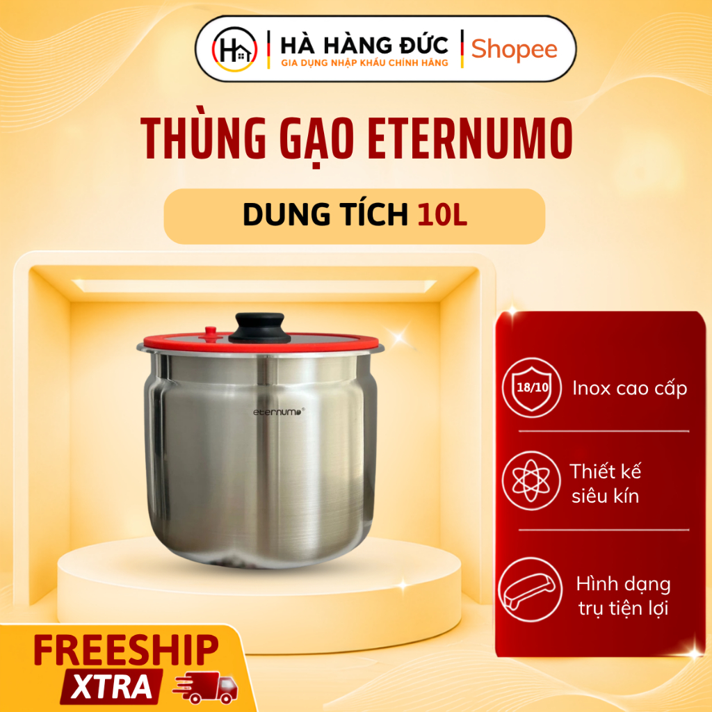 Thùng gạo Eternumo 10L 24cm Inox Siêu Kín Hủ Bảo Quản Thực Phẩm Hạt - L684