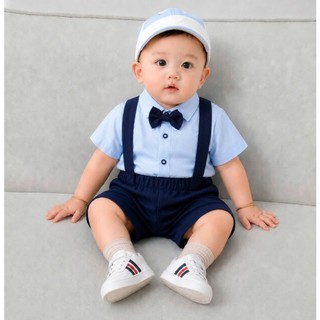 Set Yếm Công Tử Thôi Nôi Bé Trai FBABY Màu Xanh Trơn Vải Thô Chéo Hàn Cho Bé Đi Tiệc Phong Cách Hàn Quốc