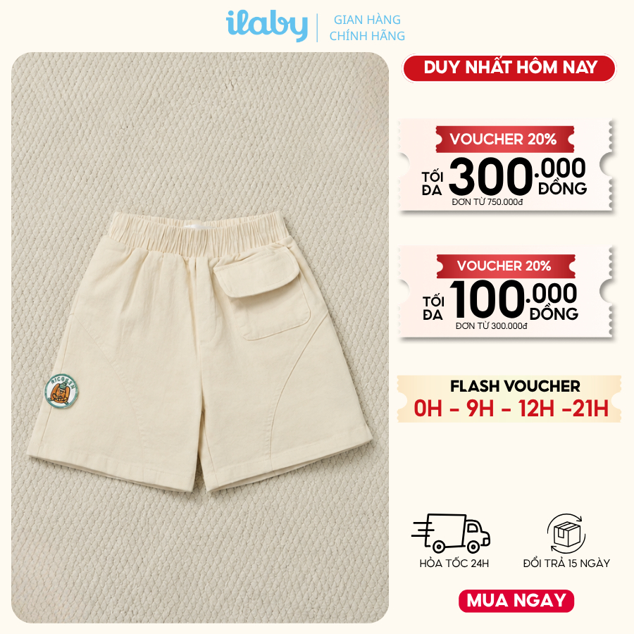 Quần short bé trai ILABY HCM quần đùi kaki thô cao cấp, thiết kế túi hộp phối tag thêu [3955]