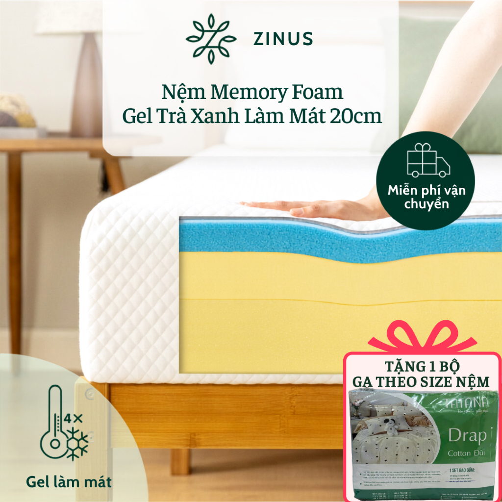 [Tặng Ga Ngẫu Nhiên] Nệm Memory Foam Zinus Gel Trà Xanh Vải Tencel Mềm Mát 20cm | BigBuy360 - bigbuy360.vn