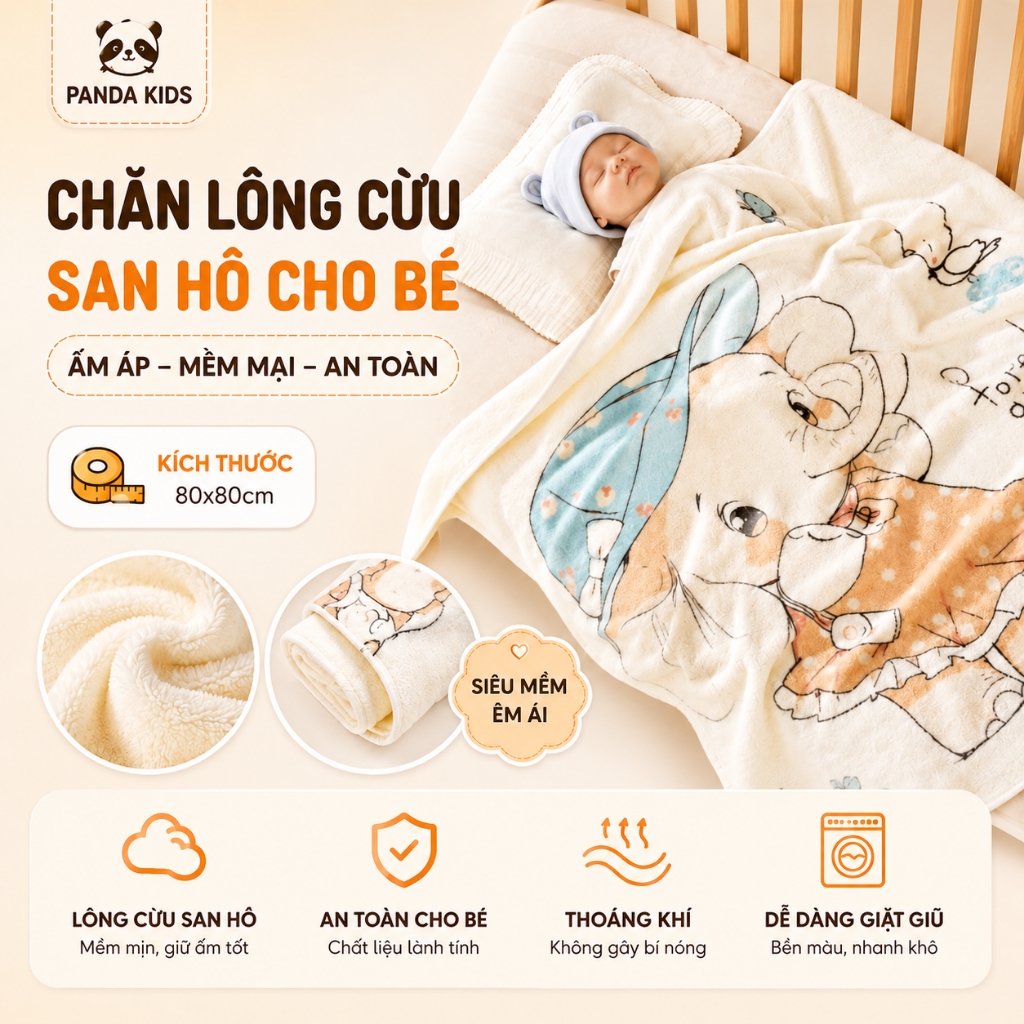 [Hàng Mới] Chăn Lông Cừu San Hô Cho Bé Kích Thước 80x80cm Panda Kids - HT818