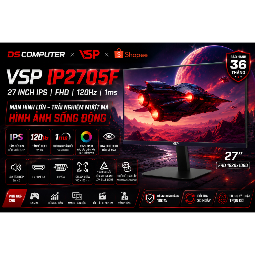 Màn Hình VSP IP2705F (27 inch / IPS / FHD / 120Hz / 1ms) Bảo hành chính hãng 36 Tháng giá tốt nhât S