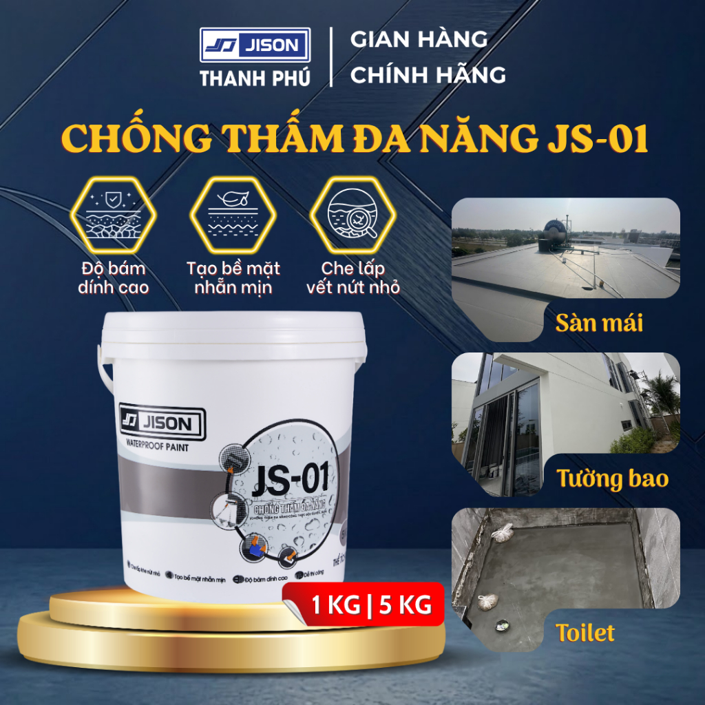 Sơn Chống Thấm Jison JS01, Dùng Cho Sàn Mái, Tường Bao, Toilet (1KG, 5KG)
