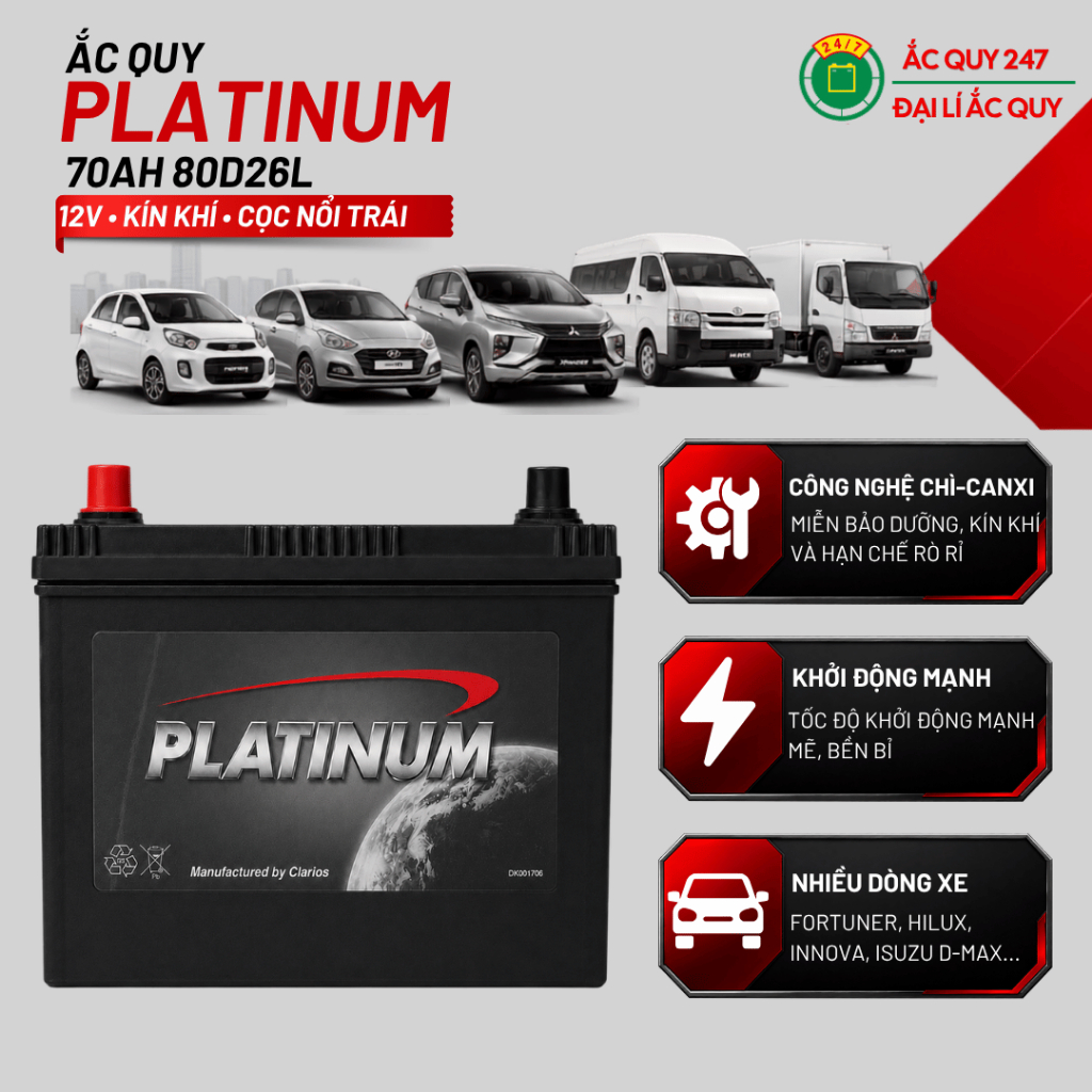 Ắc quy Platinum 12V 70Ah 80D26L kín khí miễn bảo dưỡng CCA 680A cọc trái cho Toyota Fortuner