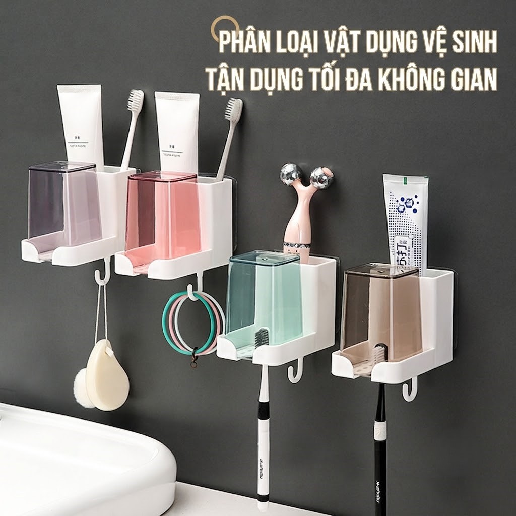 Bộ kệ và cốc xúc miệng treo tường thông minh, giá để bàn chải kem đánh răng treo tường DN193