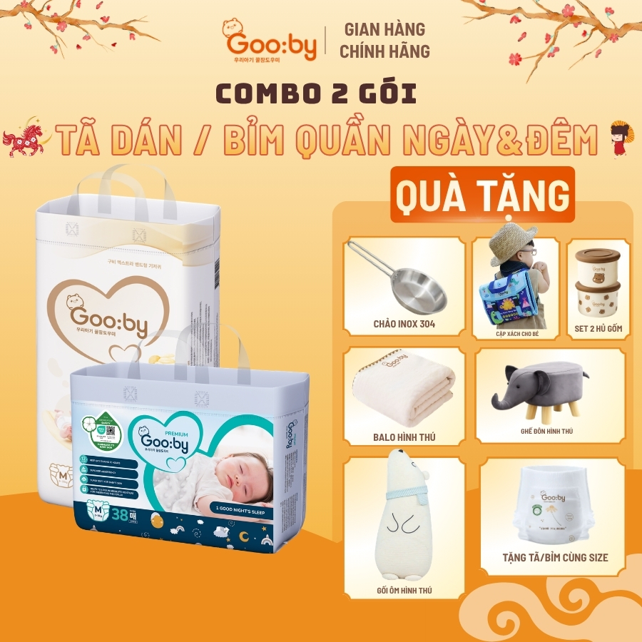 Combo 2 tã dán bỉm quần cho bé sơ sinh và trẻ nhỏ chính hãng Gooby ngày đêm hạn chế tràn (kèm quà)