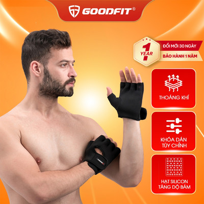 Găng tay hở ngón, bao tay tập gym GoodFit GF202G đệm silicone chống trượt, vải đục lỗ thoáng khí