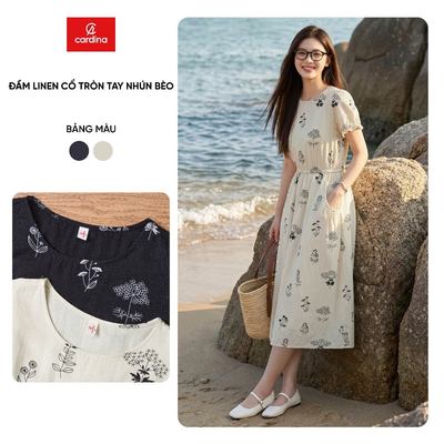 Đầm nữ CARDINA chất liệu linen cổ tròn tay nhún bèo 6VXD04
