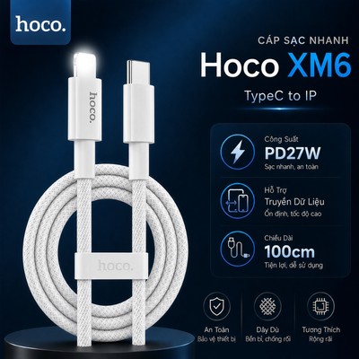 Cáp sạc nhanh PD27W TypeC to IP hỗ trợ truyền dữ liệu Hoco XM6 dùng cho 14 trở xuống , dài 1M