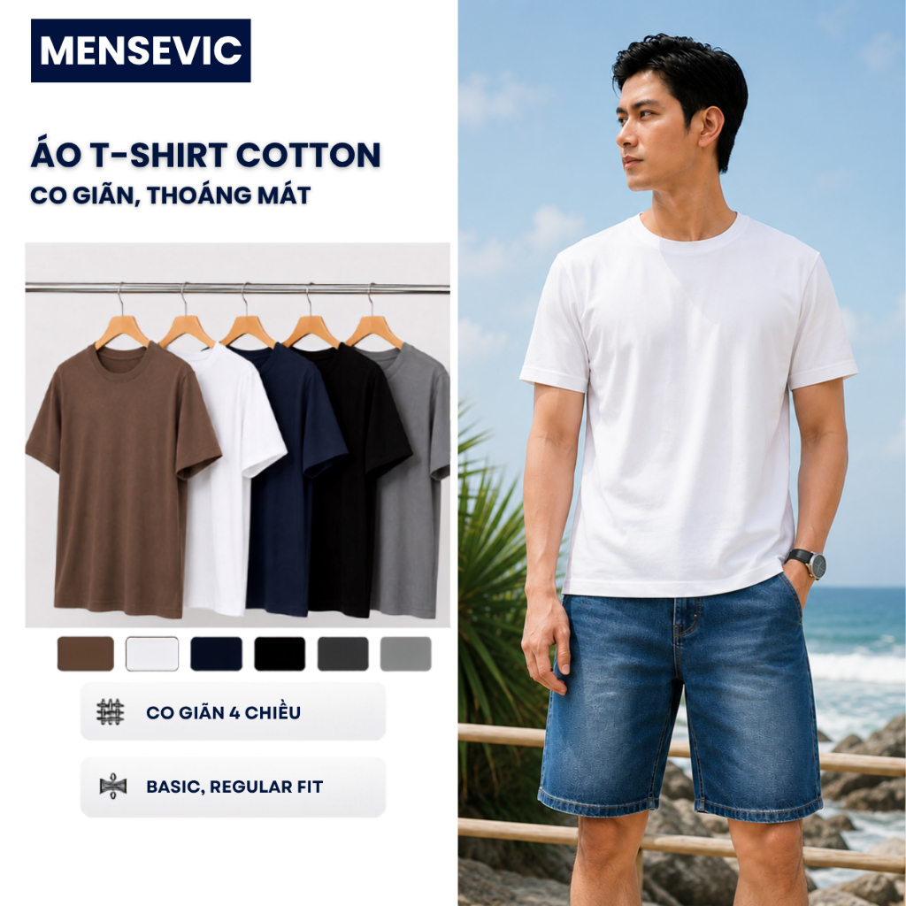 Áo Thun Nam Cộc Tay 100% Cotton Co Giãn 4 Chiều Thoáng Mát Thấm Hút Mồ Hôi Form Basic MENSEVIC TST01