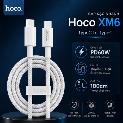 Cáp sạc nhanh Type-C to Type-C Hoco XM6 PD60W , hỗ trợ truyền dữ liệu ,dây dù dùng cho 15 trở lên/Android dài 1m