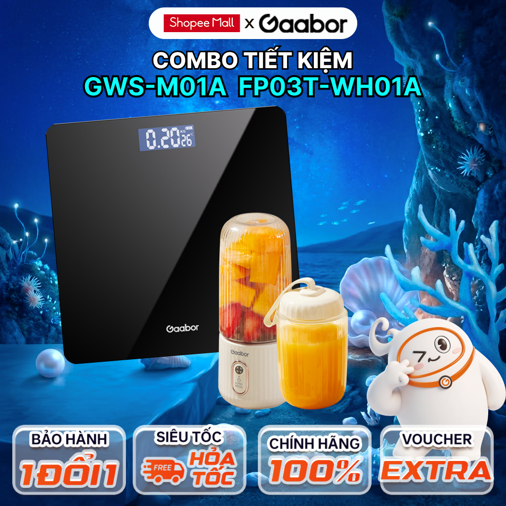 Combo Gaabor Cân sức khỏe điện tử thông minh GWS-M01A và máy xay sinh tố cầm tay FP03T-WH01A
