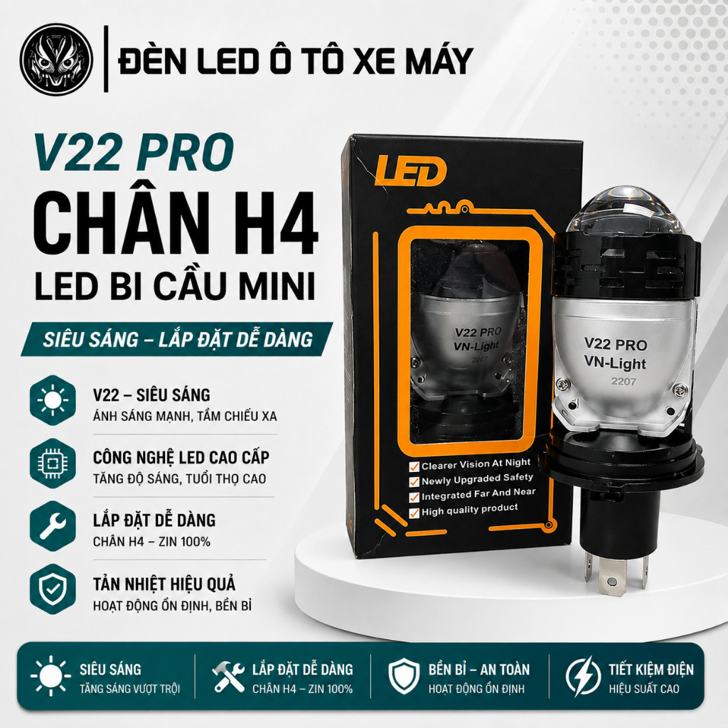Đèn led bi cầu mini V22 bản cao cấp, chân đèn H4, tăng sáng cho xe máy, ô tô