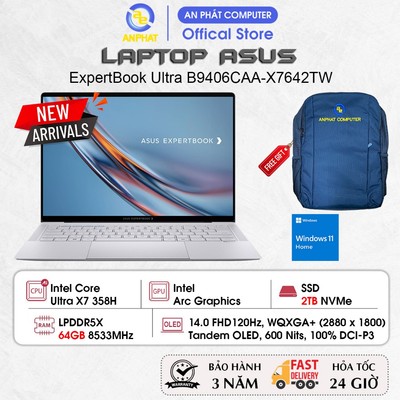 Laptop ASUS Expertbook B9406CAA-X7642TW, Core Ultra X7 358H, 14.0-inch 2K+ OLED, 64GB RAM, 2TB SSD, Win11, Cảm ứng