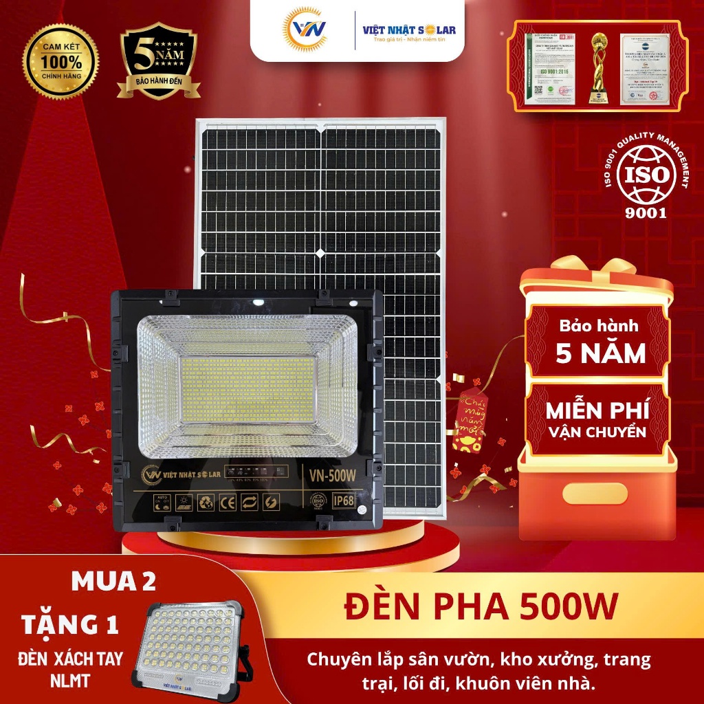 Đèn Pha 500W VN-500W Sáng Cả Đêm Pin 60.000mAh Chống Nước IP68 Vỏ Nhôm Cao Cấp MPPT Hiệu Suất Cao