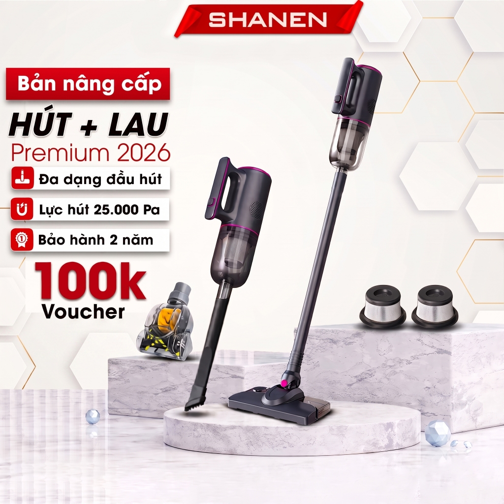 Máy hút bụi cầm tay lau sàn nhà SHANEN X12 PRO, Vừa hút vừa lau, Hút nệm sofa, Lực hút 25.000 Pa
