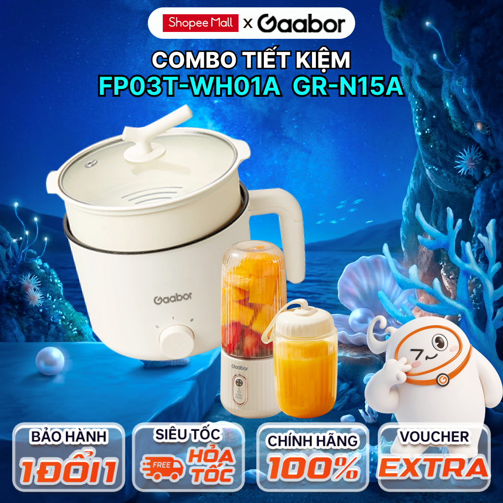 Combo Gaabor 36 máy xay sinh tố cầm tay FP03T-WH01A và nồi điện đa năng 1.5L GR-N15A