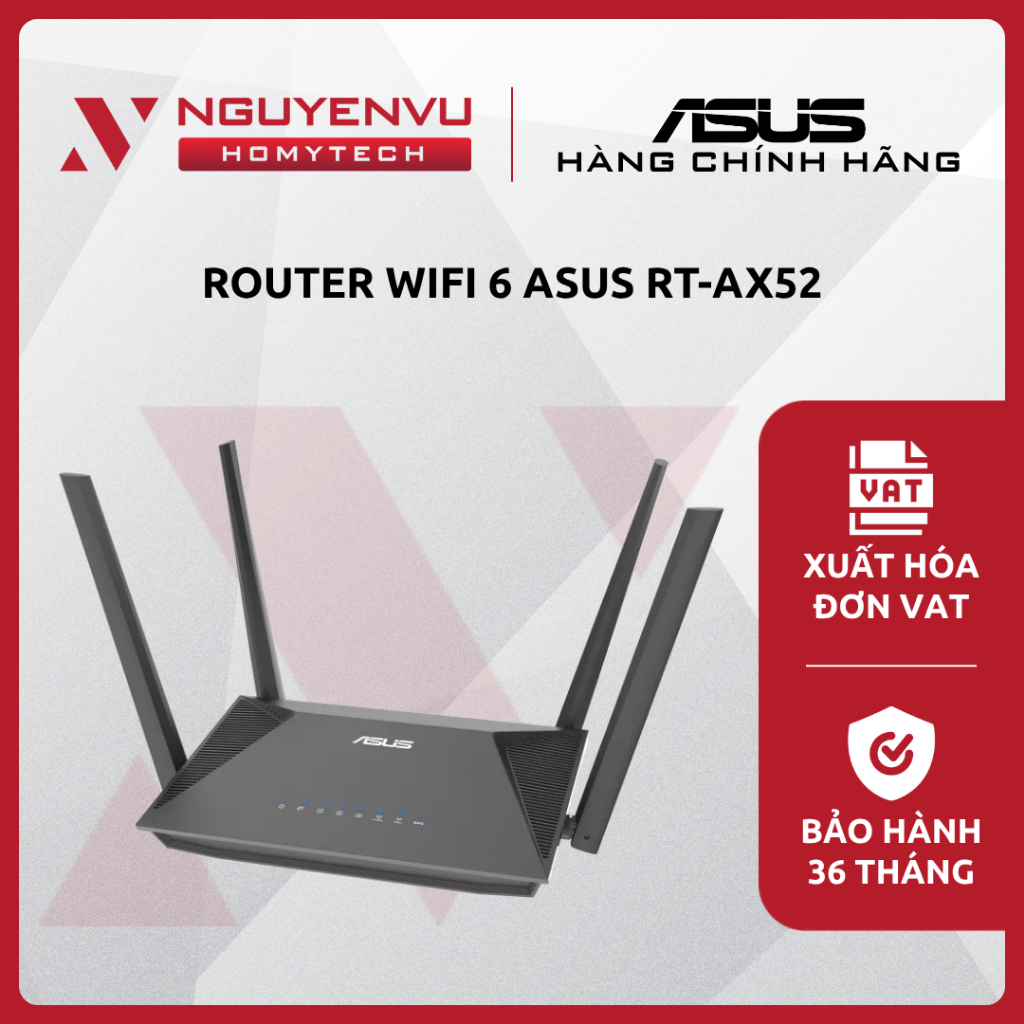 [Full VAT] Router WiFi 6 ASUS RT-AX52 (AX1800/Gigabit/AiMesh/Xuyên tường) - CHÍNH HÃNG
