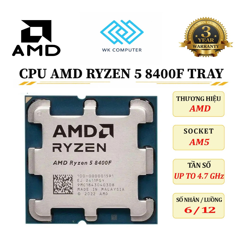(FULL VAT) Vi xử lý CPU AMD Ryzen 5 8400F Tray | 6 Nhân 12 Luồng, 4.2 Ghz, Mới //  Bảo Hành 36 Tháng