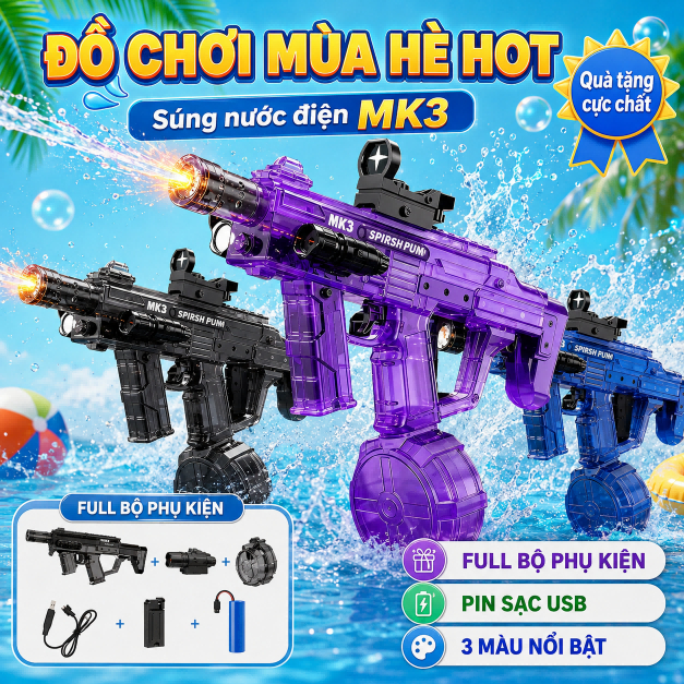 Súng Nước Điện MK3 Cho Bé, Đồ Chơi Bãi Biển Đấu Súng Nước, Pin Sạc USB, Quà Tặng Mùa Hè