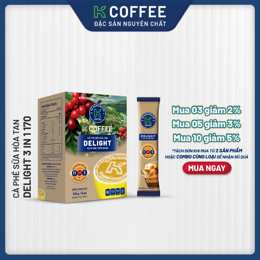 Cà phê sữa hòa tan K Coffee Delight 3in1 170g Hộp 10 gói