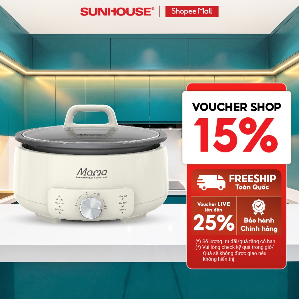 Nồi điện đa năng 4L Sunhouse Mama SHD4548 - 1500W, 5 chức năng - Chống dính Flead 2 lớp - Tự ngắt kh