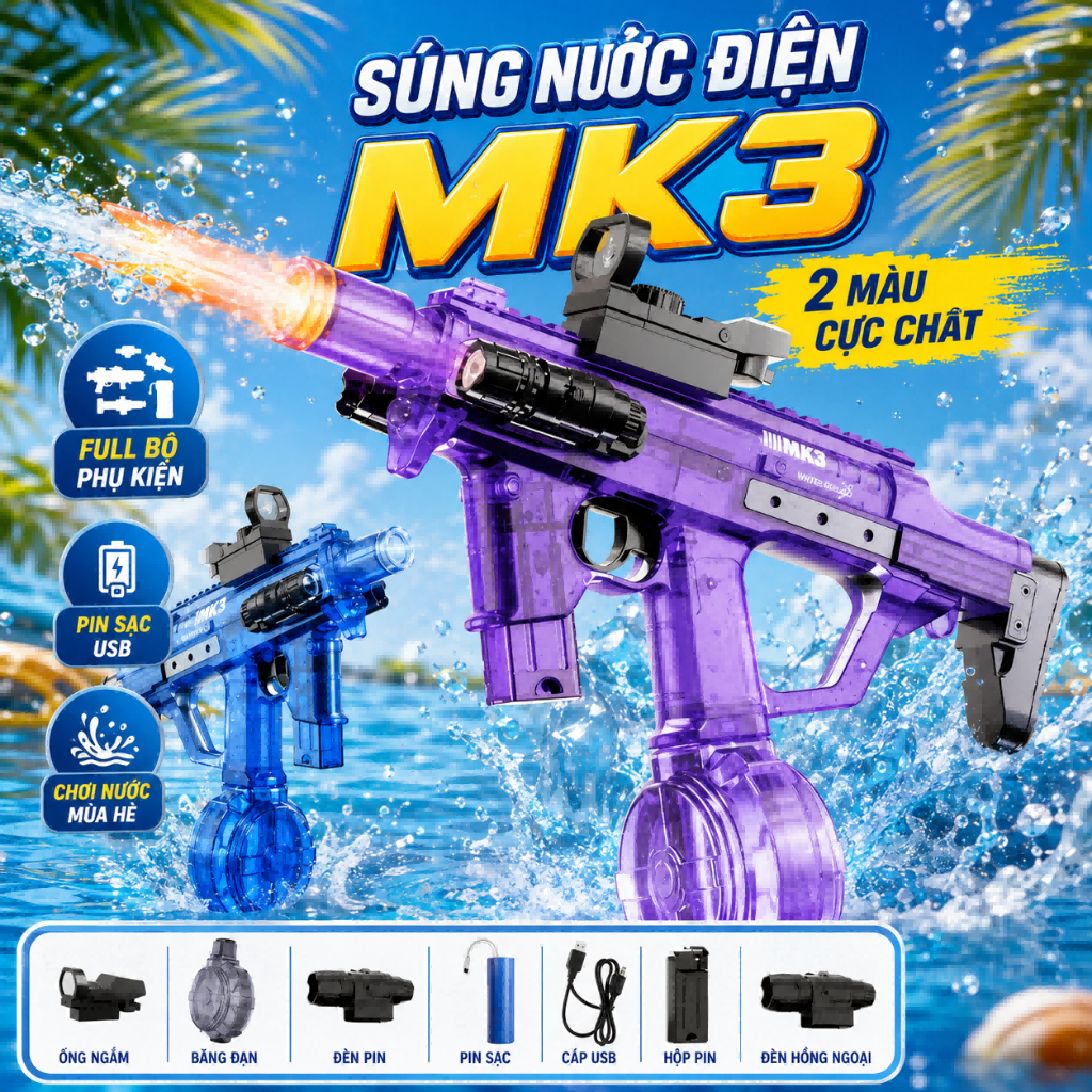 Đồ Chơi Súng Nước Điện MK3 Có Đèn Đầu Nòng, Bình Nước Lớn, Quà Tặng Mùa Hè Cho Bé Trai
