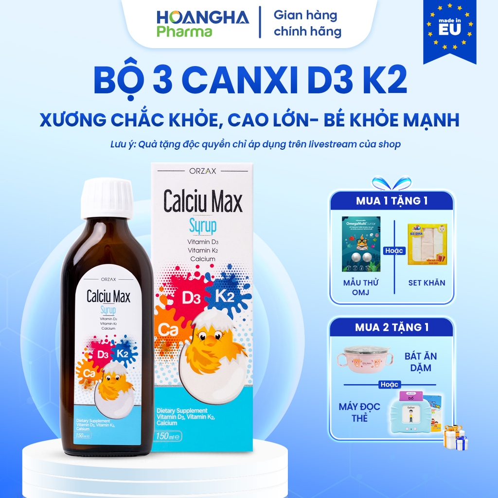 Orzax Calciu Max Syrup 150ml - Bổ Sung Canxi D3+K2 Mk7 Hỗ Trợ Tăng Chiều Cao, Xương Răng Chắc Khỏe