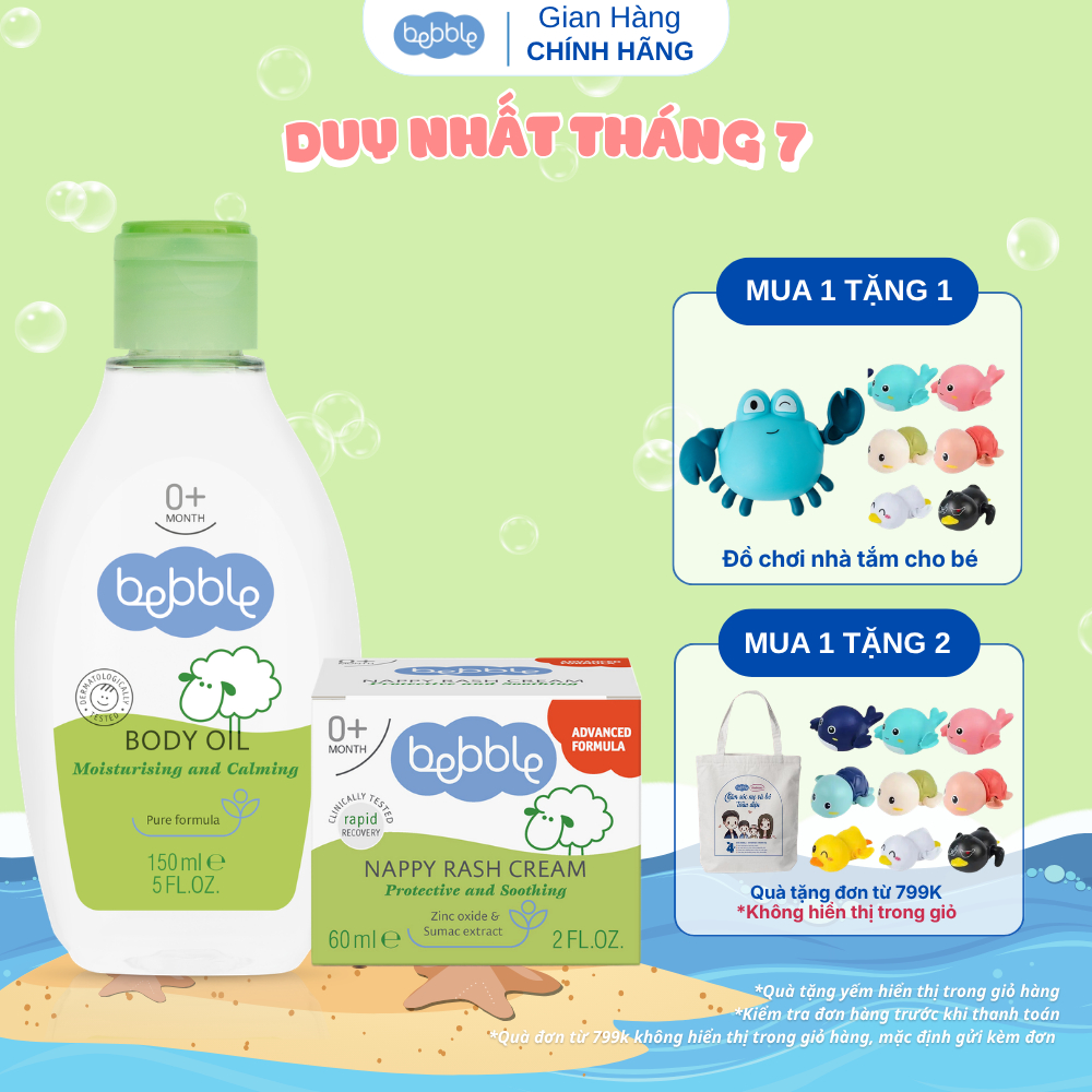 Combo Kem hăm tã Bebble Nappy Rash Cream 60ml +Dầu massage cho bé Bebble Body Oil 150ml