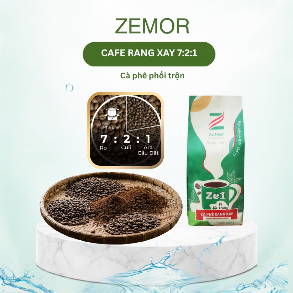 Cà phê Rang Xay Nguyên Chất Zemor Coffee 7:2:1 - Mix Robusta, Culi & Arabica - Vị Đậm Đà, Thơm Nồng