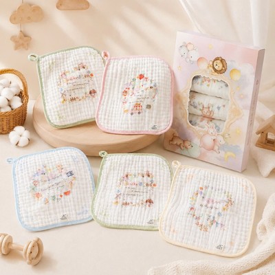 Set 5 khăn sữa KidsWorld 6 lớp Cotton Organic in hoạ tiết dùng cho trẻ sơ sinh, siêu mềm, thấm hút