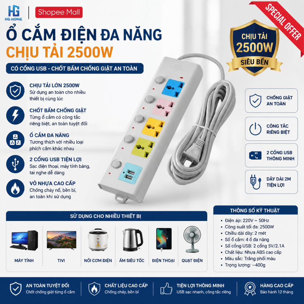 Ổ Cắm Điện Đa Năng HGHOME Chịu Tải 2500W Có Cổng USB, Chốt Bấm Chống Giật An Toàn [ HÀNG CAO CẤP ]