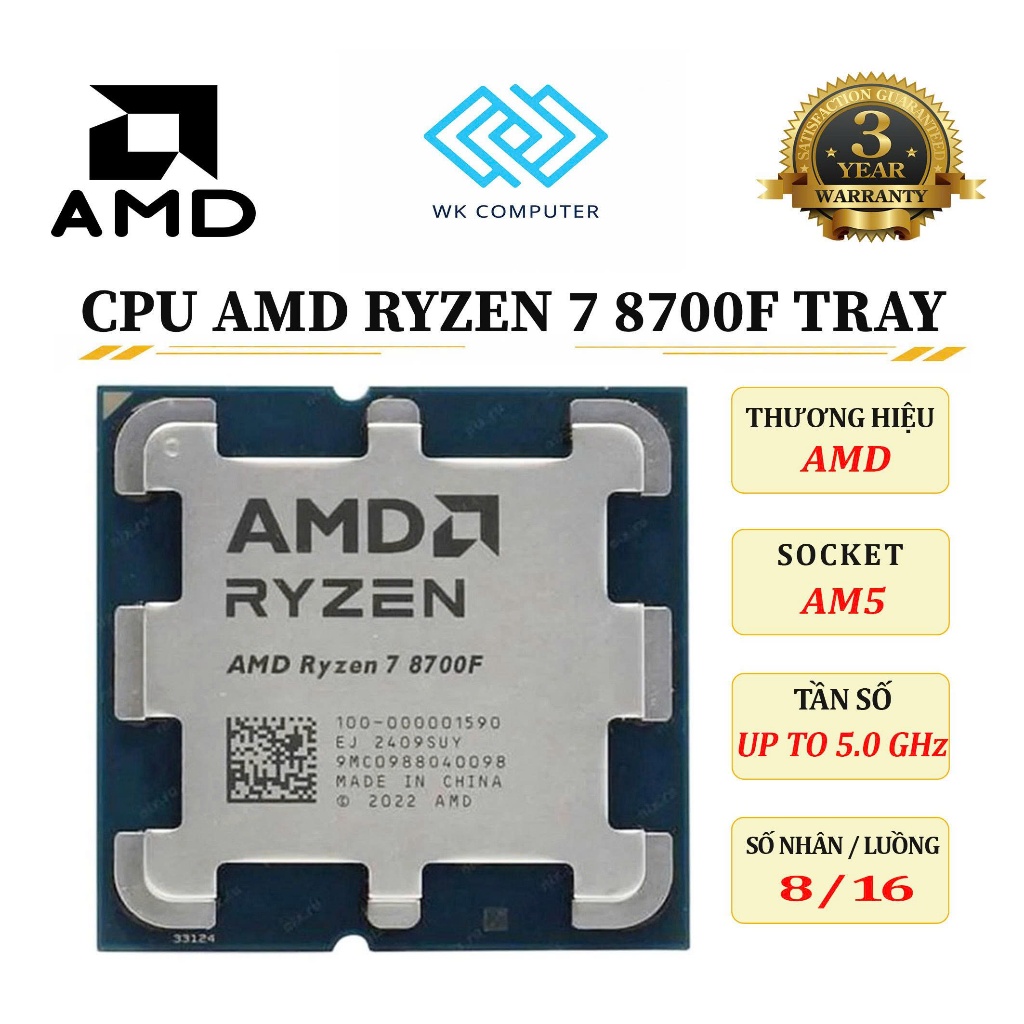 (FULL VAT) Vi xử lý CPU AMD Ryzen 7 8700F Tray | 8 Nhân 16 Luồng, Upto 5.0 Ghz, Mới, BH 36T
