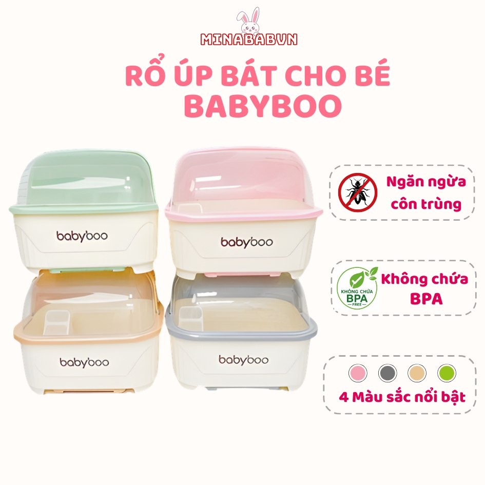 Rổ úp bát Babyboo có khay ráo nước, Khay úp chén bát ăn dặm cho bé có máng hứng nước tiện lợi