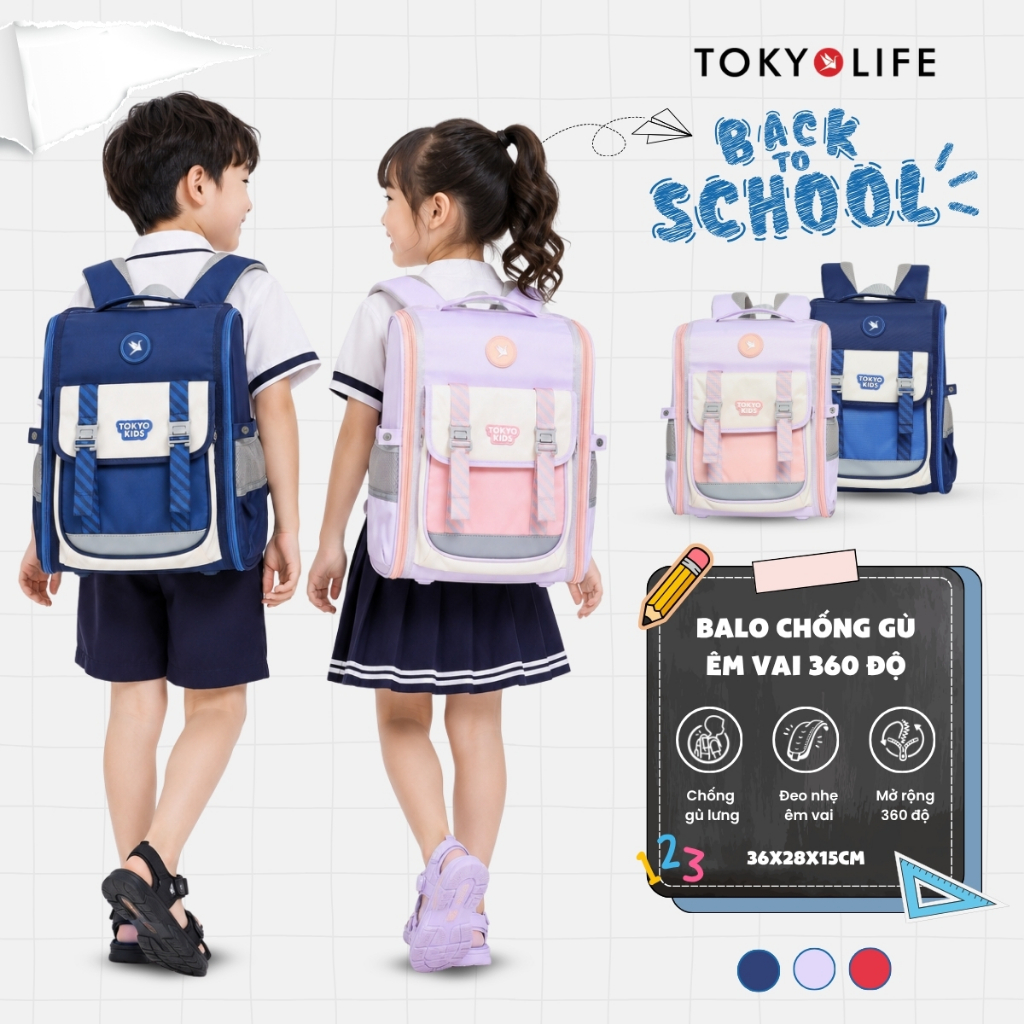 Ba lô chống gù trẻ em TOKYOLIFE balo học sinh tiểu học êm vai mở rộng 360 độ siêu nhẹ 40005819