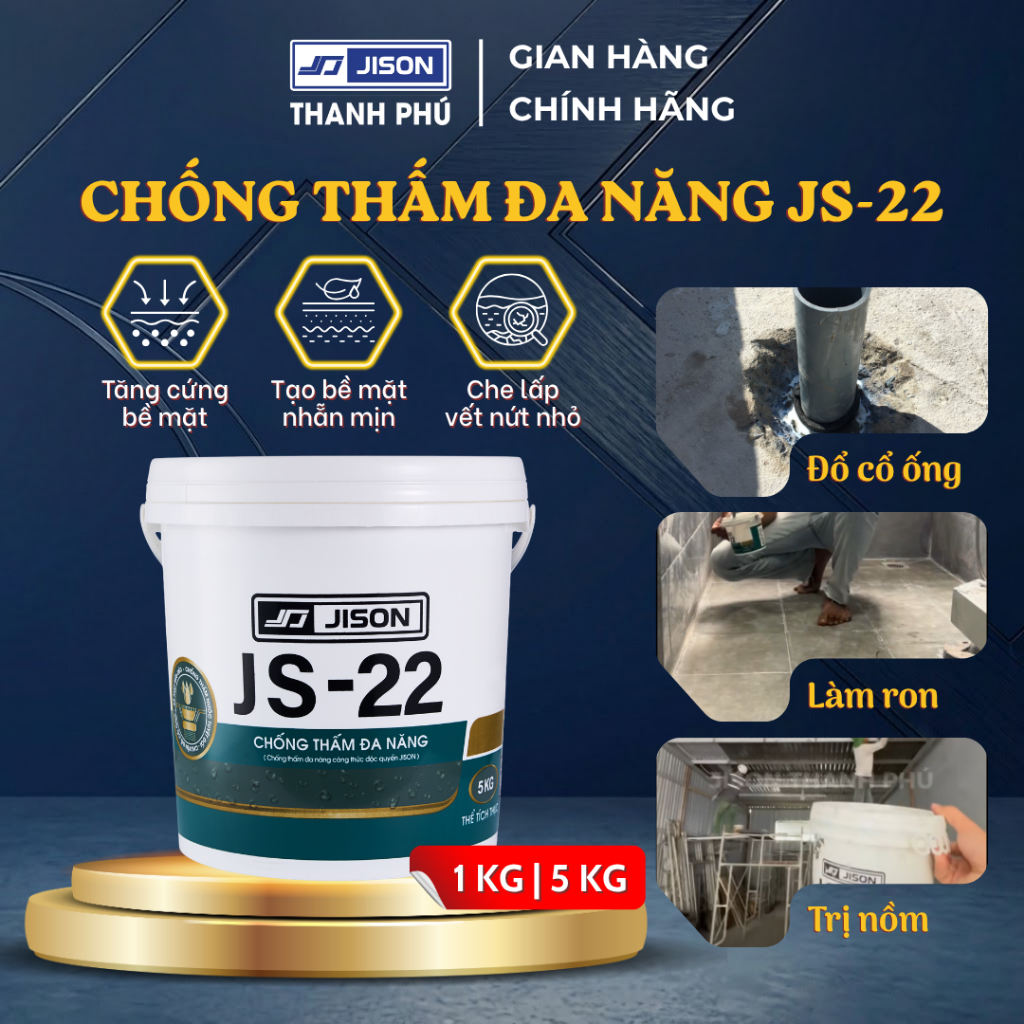 Sơn Chống Thấm Đa Năng Jison JS22, Chống Thấm Ngược, Đổ Cố Ống, Xử Lý Nồm Mái Tôn (1KG, 5KG)