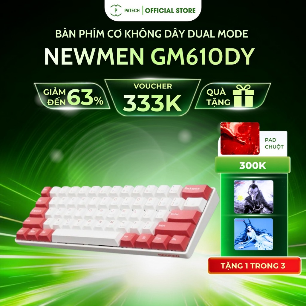 Bàn phím cơ không dây Dual Mode Newmen GM610Dy (MX Hotswap, Bluetooth 5.0, Layout Mac & Win, Keycap 