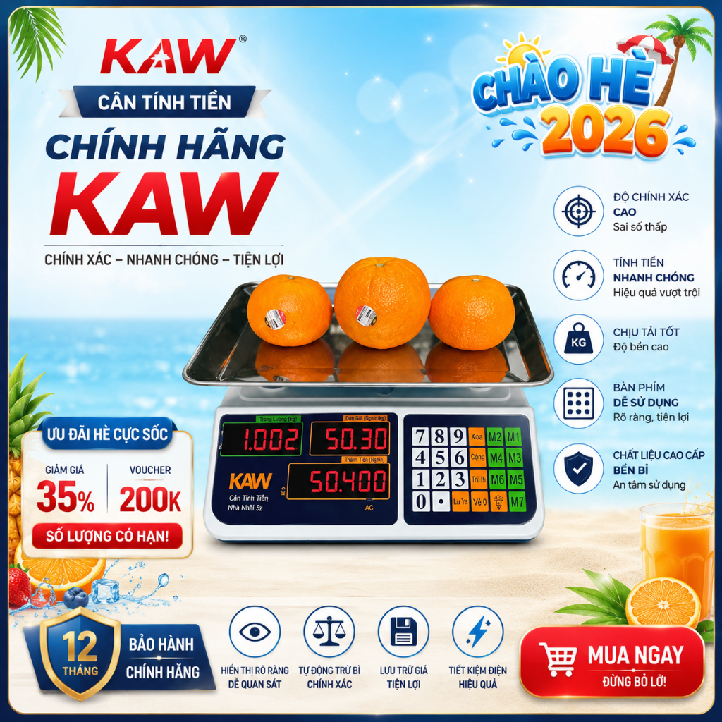Cân điện tử tính tiền K550 bản tiếng việt chính hãng KAW, 2 mặt hiển thị - Loại 40kg chất lượng tốt,