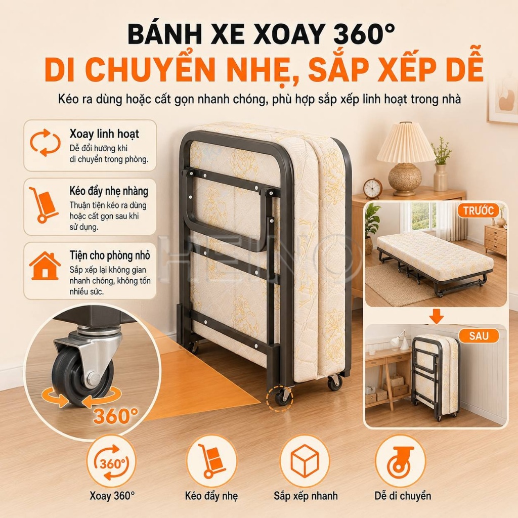 HEINO Giường Gấp Gọn Đa Năng 190 x 70 / 90cm Có Đệm Dày 6cm Khung Thép Chắc Chắn Có Bánh Xe | BigBuy360 - bigbuy360.vn