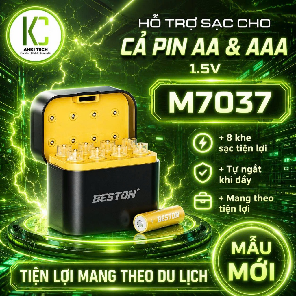 Hộp sạc pin Beston dành cho cả pin AA & AAA Lithium 1.5V M7037 tự ngắt, bảo vệ pin