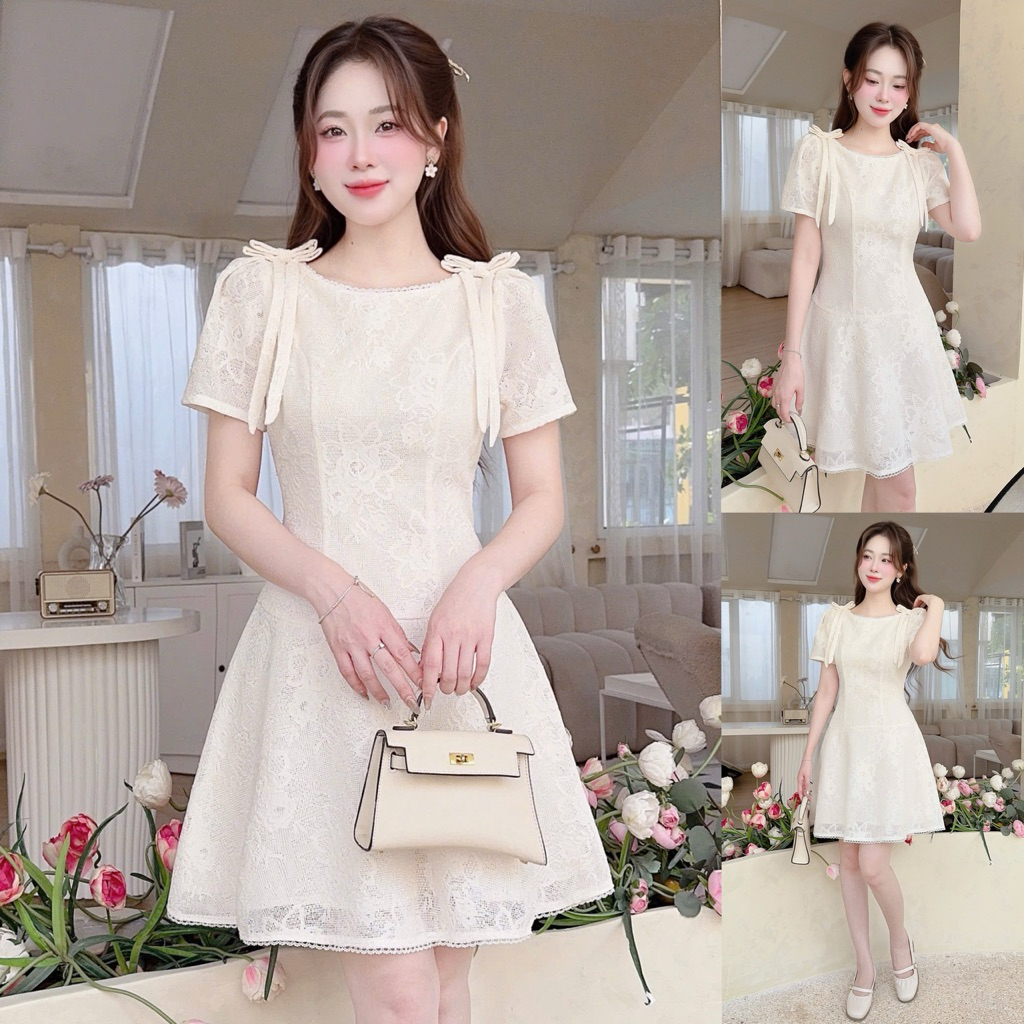 [Hàng Chính Hãng V737] Váy đầm thiết kế dáng A màu kem chất Ren Hàn mềm mại, mặc đi làm, dạo phố, ca