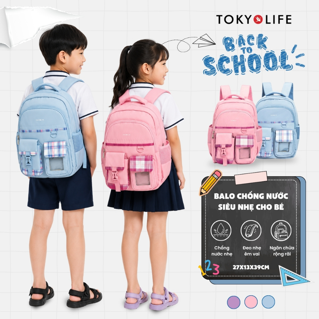 Ba lô trẻ em TOKYOLIFE balo đi học cho bé tiểu học nhiều ngăn chống thấm nước siêu nhẹ 40002550 (27x