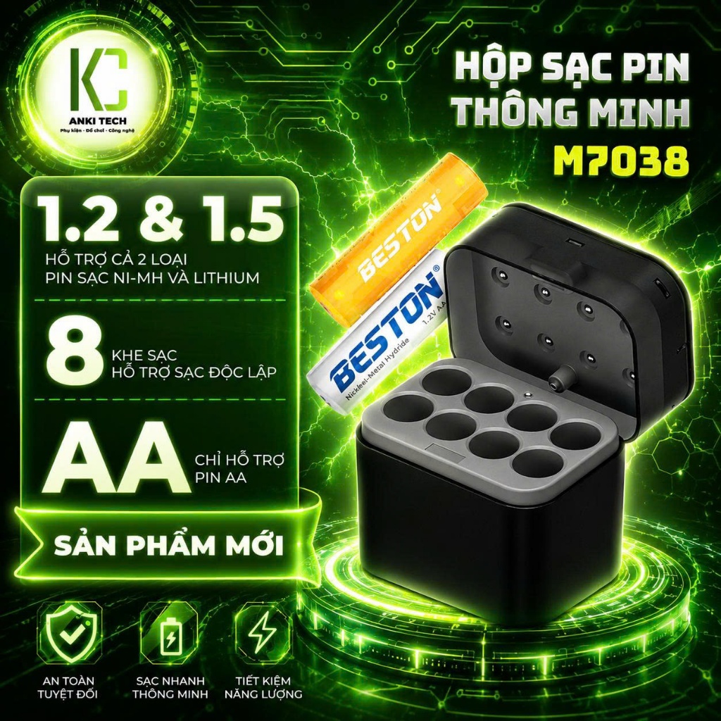 Hộp sạc pin Beston M7038 dành cho cả pin AA 1.2V và 1.5V đèn thông báo sạc tiện lợi theo dõi