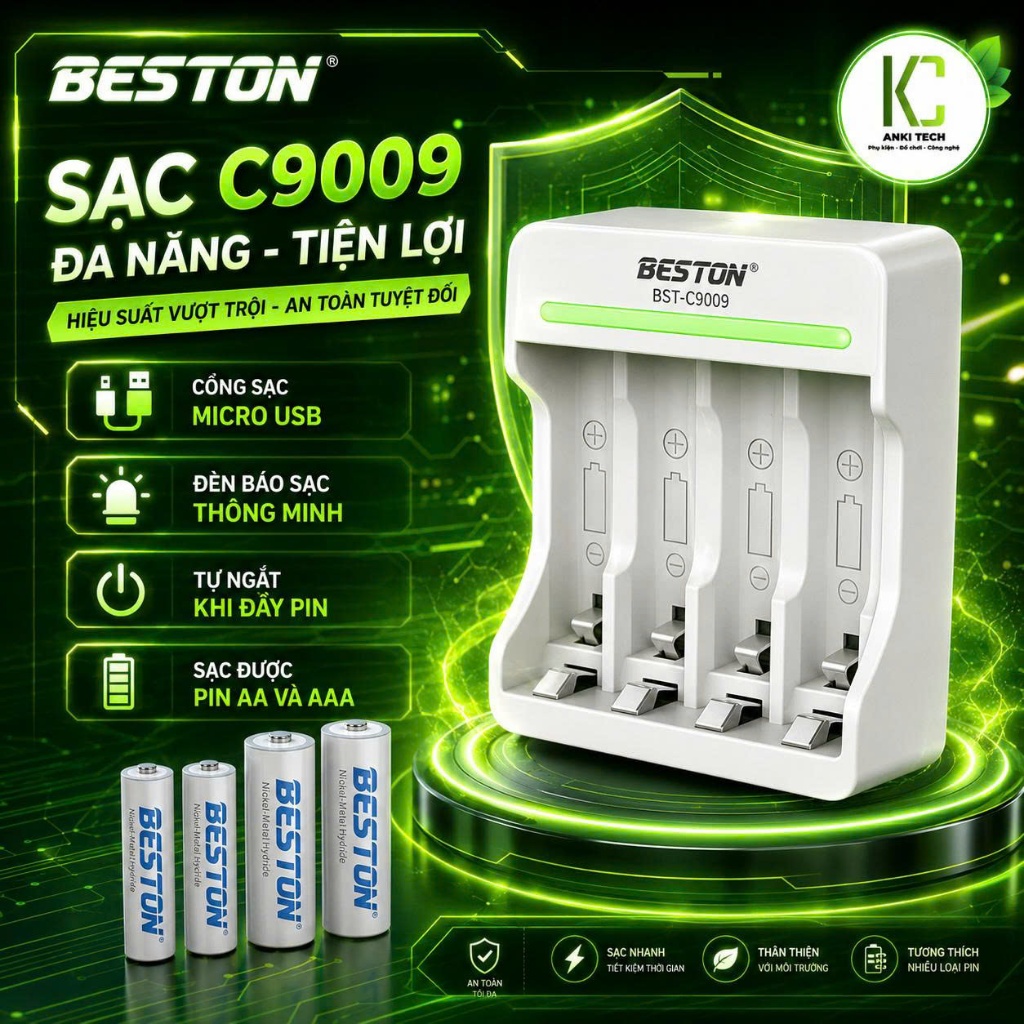 Bộ Sạc 4 pin C9009 Beston AA AAA 1.2V Tự ngắt khi đầy