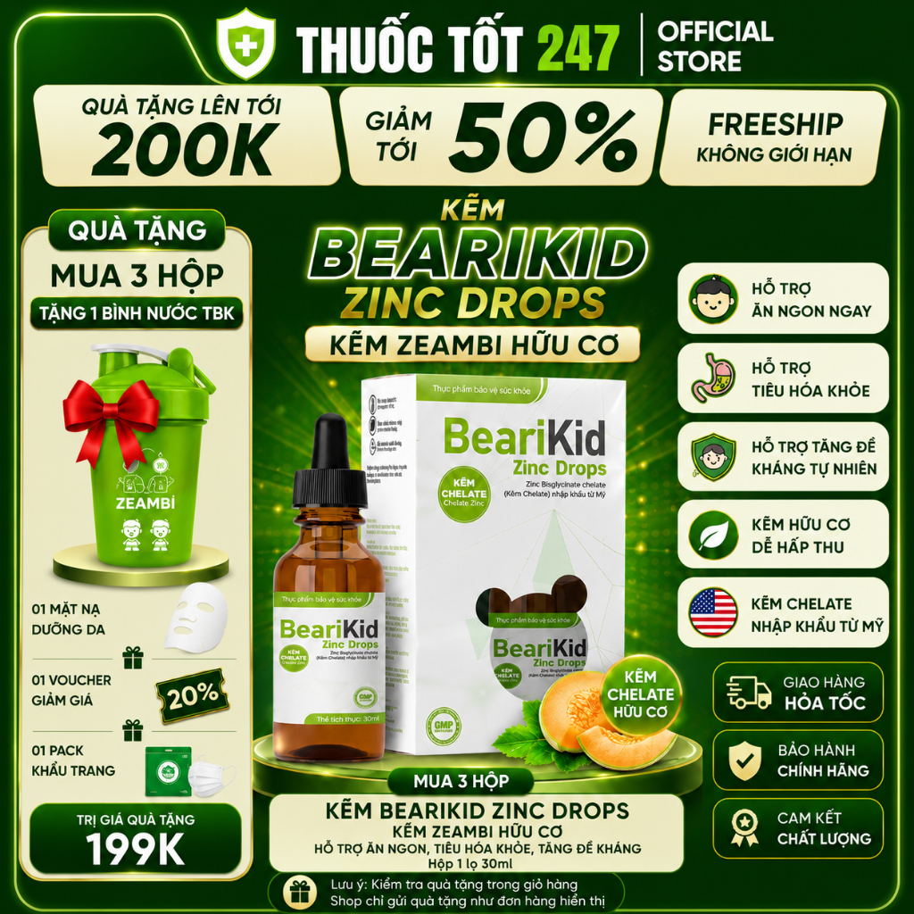 Kẽm BeariKid ZinC Drops, Kẽm Zeambi dạng nhỏ giọt, Chai 30ml