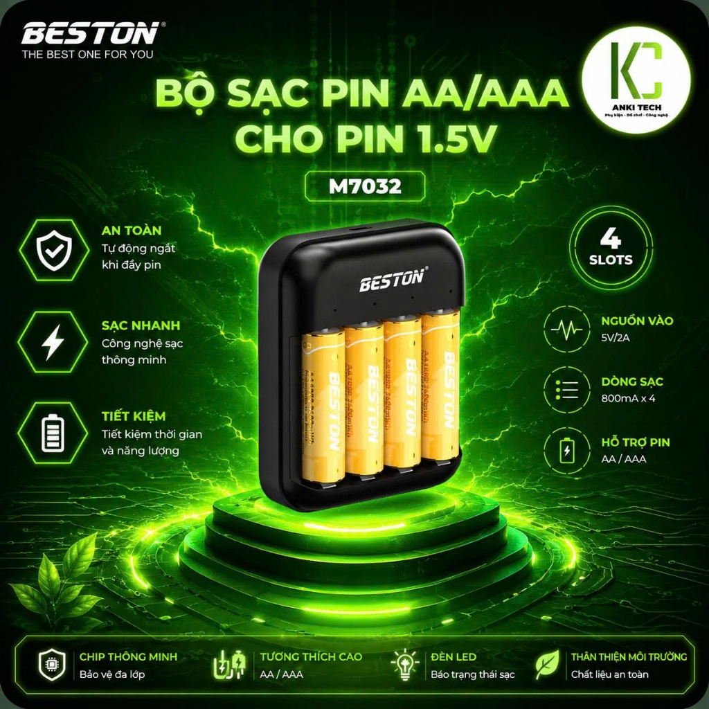 Bộ sạc pin Beston dành cho pin AA AAA Lithium 1.5V M7032 tự ngắt