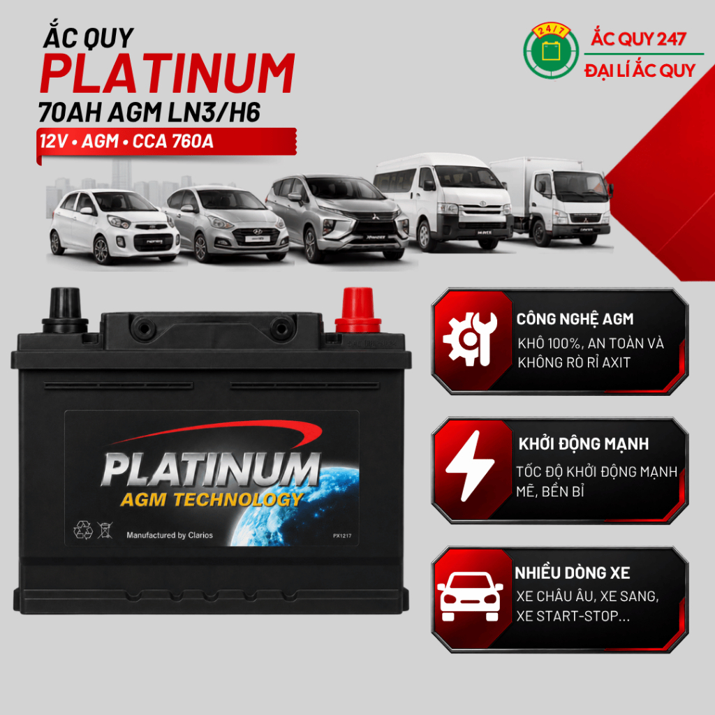 Ắc quy Platinum LN3/H6 AGM 70Ah 12V cọc DIN 760CCA start-stop xe châu Âu xe sang