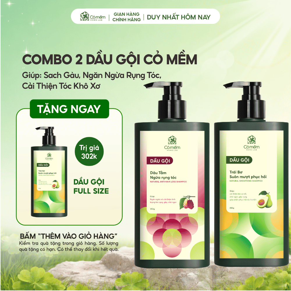 Combo 2 Chai Dầu Gội Sach Gàu, Ngăn Ngừa Rụng Tóc, Cải Thiện Tóc Khô Xơ Gãy Rụng Chẻ Ngọn Cỏ Mềm 350
