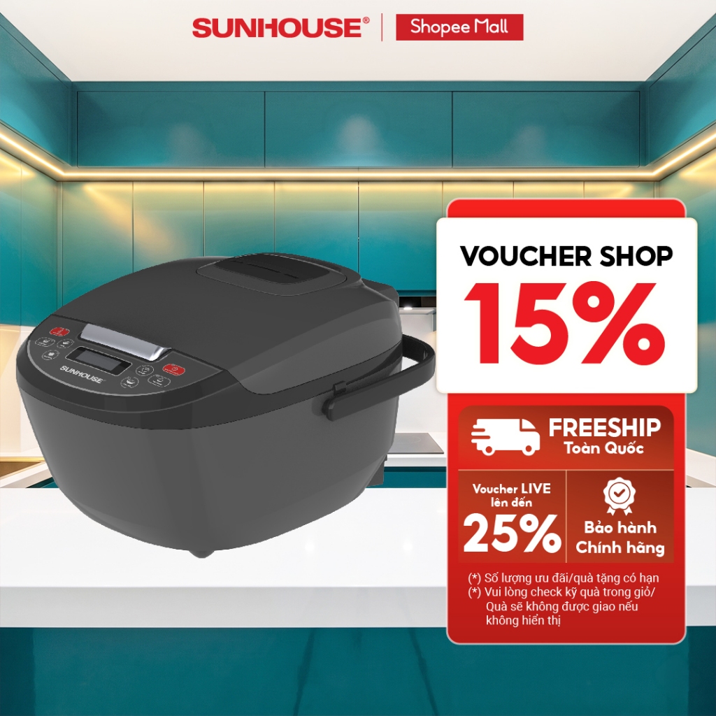 Nồi cơm điện tử 1.8L Sunhouse SHD8909B - 6 chế dộ, giữ ấm  12 tiếng - Mâm nhiệt lớn, cơm dẻo, chín đều