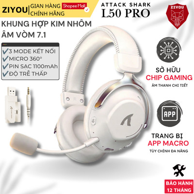 Tai Nghe Chụp Tai Không Dây Attack Shark L50 Pro Màng Loa 53mm Âm Thanh Vòm Giả Lập 7.1 Pin 1100mAh